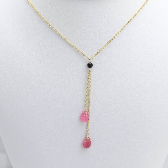Tourmaline Dangle Necklace 14k Yellow Gold Pink Gemstone Drops (#8) - Picture 6 of 10